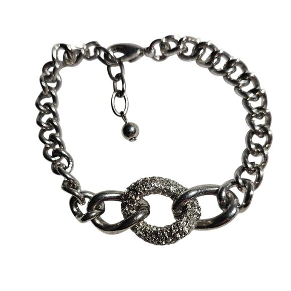 Silver Chain Bracelet 7" Adjustable Rhinestone Circle Accent & Lobster Clasp - Picture 1 of 5